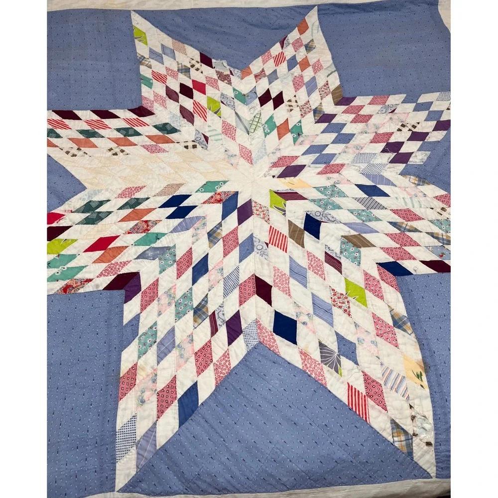 Antique Lone Star Hand Stitched Patchwork Quilt Blue Multi‎ Color Cutter Repair